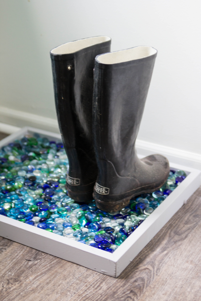 DIY Boot Tray, wooden tray with glass gems or river rocks