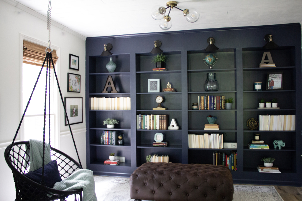 Budget-Friendly Reading Room Update, Family Reading Room, Library Room, DIY Library, DIY Reading Room, Sherwin Williams Charcoal Blue, SW Charcoal Blue   