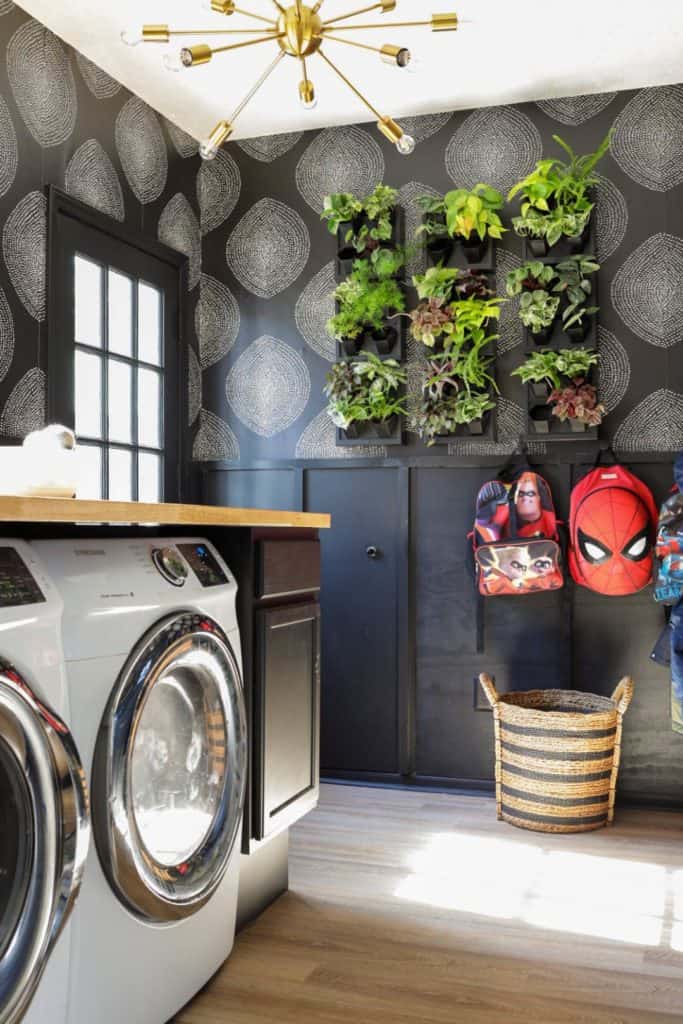 DIY laundry room, laundry room, wallpaper laundry room, black walls in laundry room, plants in laundry room, functional laundry room 